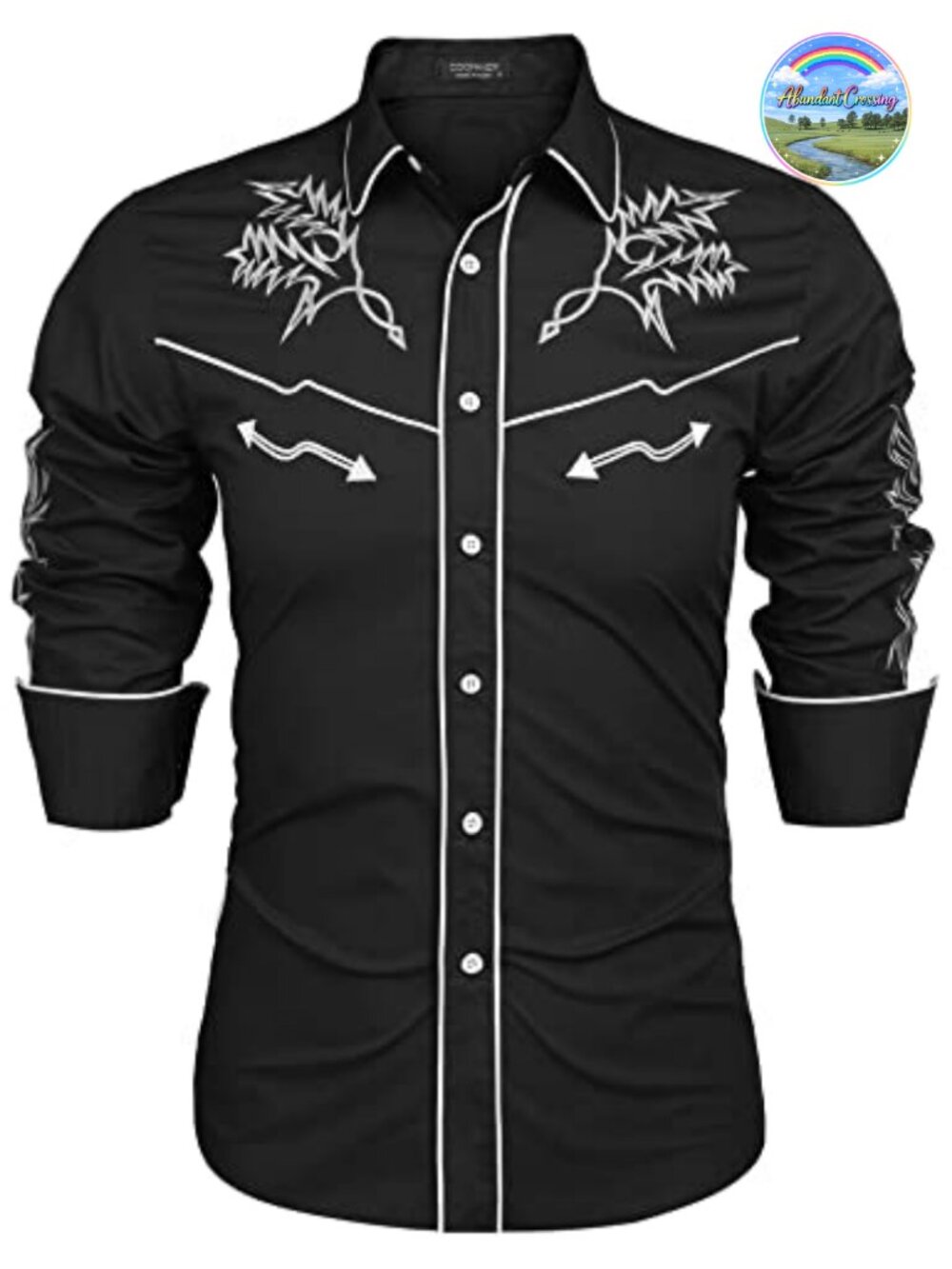 Men's Western Embroidered Button Down Shirt Cotton Slim Fit Long Sleeve